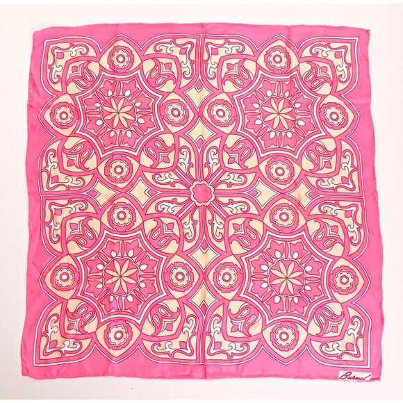 Burmel Accessories - VTG Burmel 100% Silk Scarf 22" Pink Medallion Print Rolled Edge